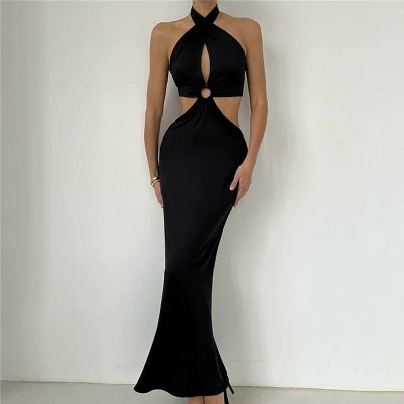 Splice Neck Strap Open Back Long Skirt Halter Strap Backless Dress Luxlife Brands