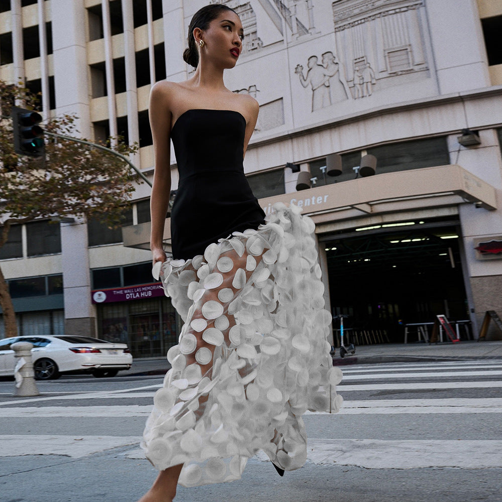 Spring Summer Black White Tube Top Dress Three Dimensional Floral Pettiskirt Dinner Wedding Dress Host Dress