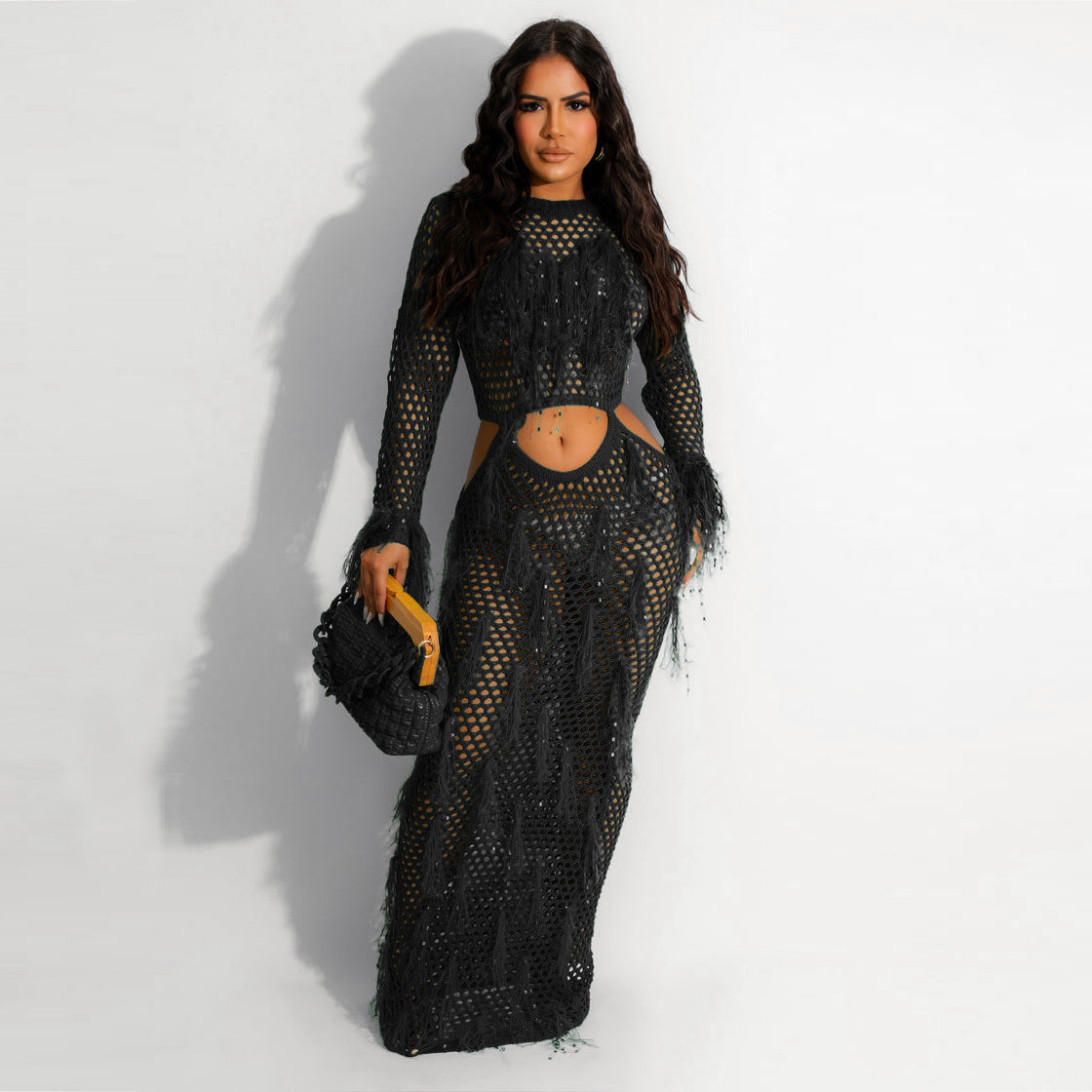 Women Clothing Sexy Handmade Knitted Beach Dress Hollow Out Cutout Out Mink Tassel Maxi Dress Bella Mia