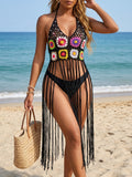 Vacation Women Clothing Pure Hand Crocheting Non Positioning Mixed Color Tassel Stitching Lace up Beach Beach Cover Up