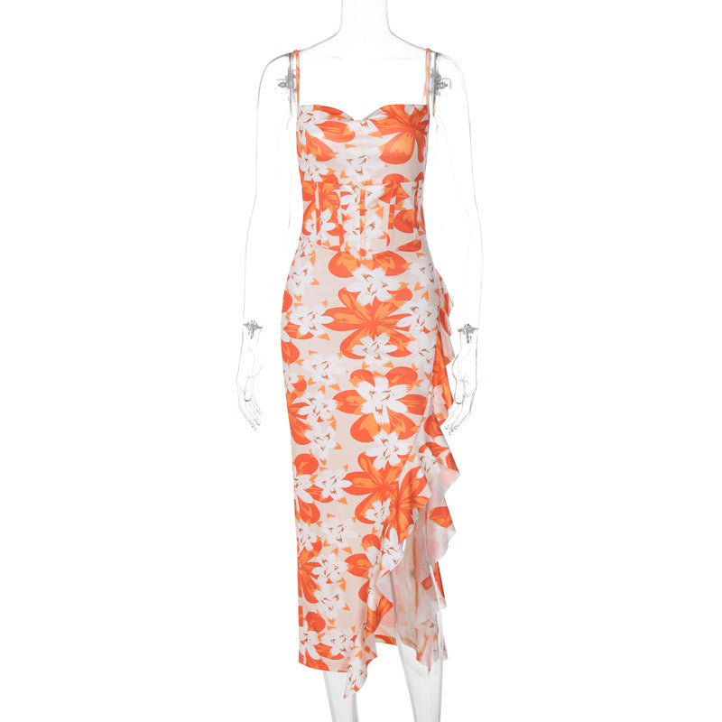 Women Clothing Summer Printed Sexy Backless Slit Lace Sling Dress Bella Mia