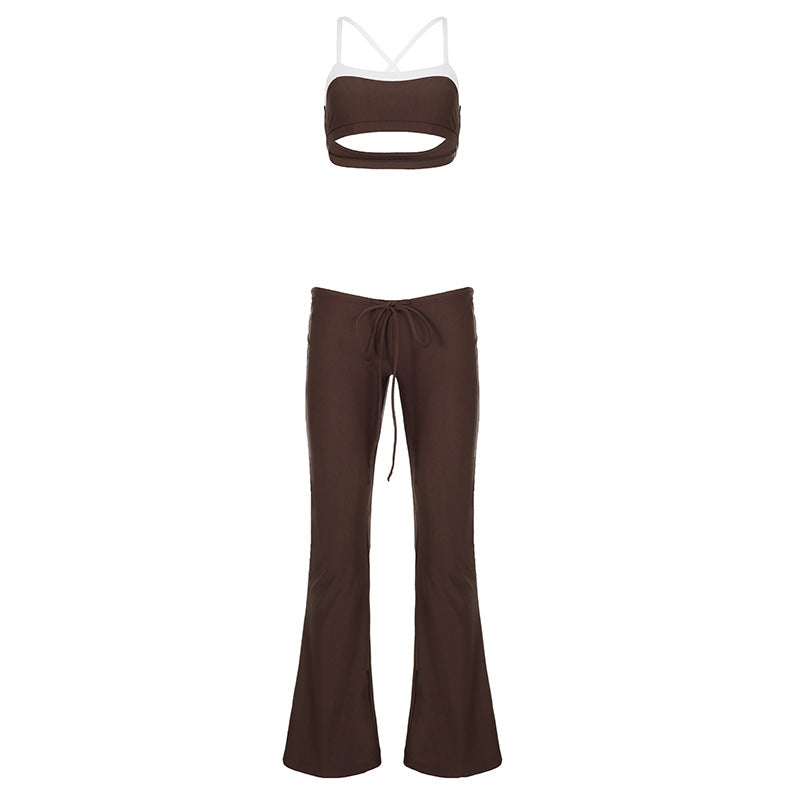 Casual Sports Contrast Color Suspender Trousers Two Piece Sets Street Sexy
