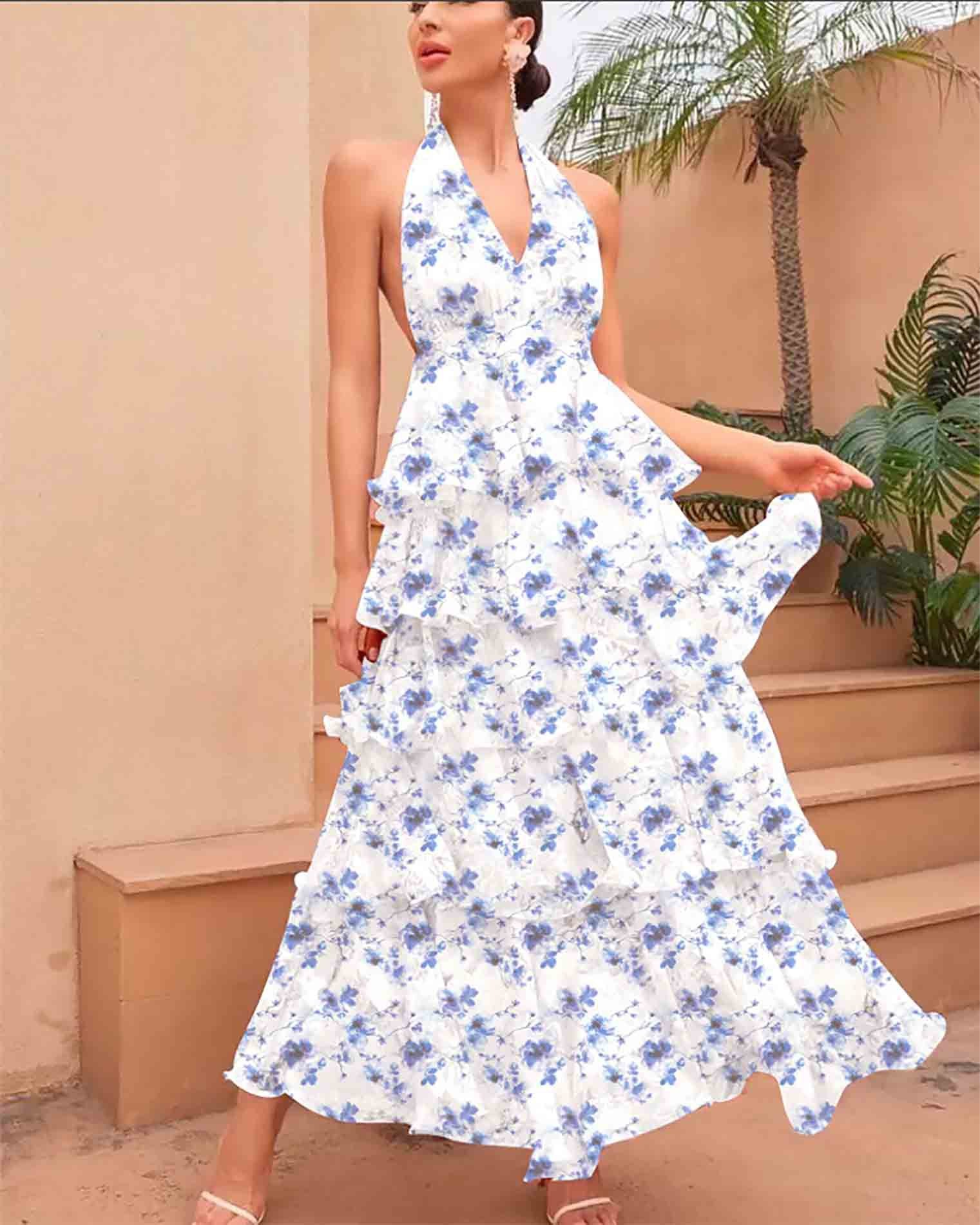 Spring Women Clothing Dress Sexy V neck Sling Multi Layer Printing Dress Bella Mia