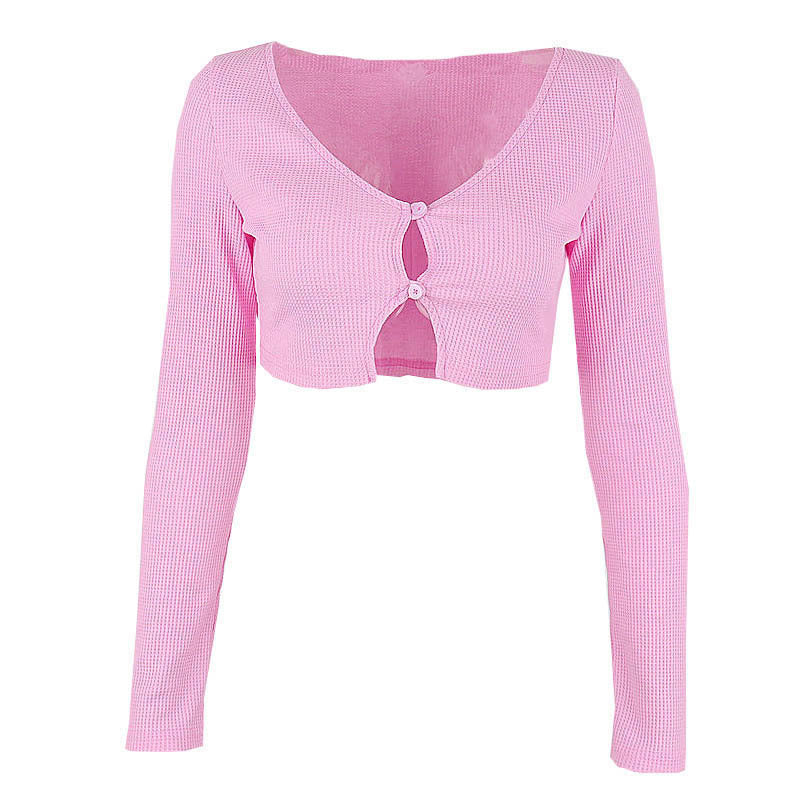 Spring Sexy V-neck Long Sleeve Cardigan Ultra Short Slim T-shirt Top for Women Bella Mia