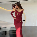 Pleated Long Sleeved Women Dress Fashionable Sexy Sheath Slim Fit Dress Bella Mia