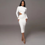 Women Clothing Autumn Crew Neck Long Sleeve Sexy Cutout Pleated Tight Elegant Sheath Dress Women Bella Mia