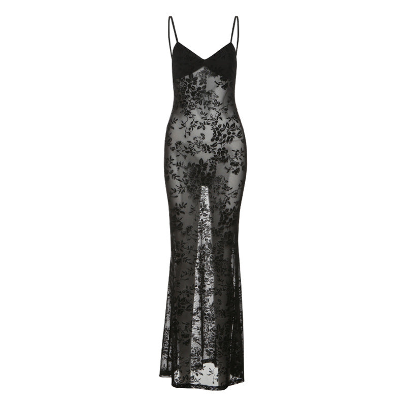 Spring Summer Women Mesh Sexy See through V neck Backless Slim Fit Sling Dress Bella Mia