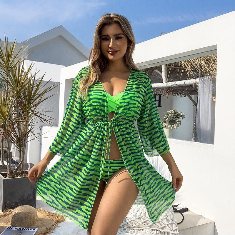 Lonkey Mesh Three Piece Swimsuit Women's Digital Printing Twist Bag Sun Protection Clothing Bella Mia