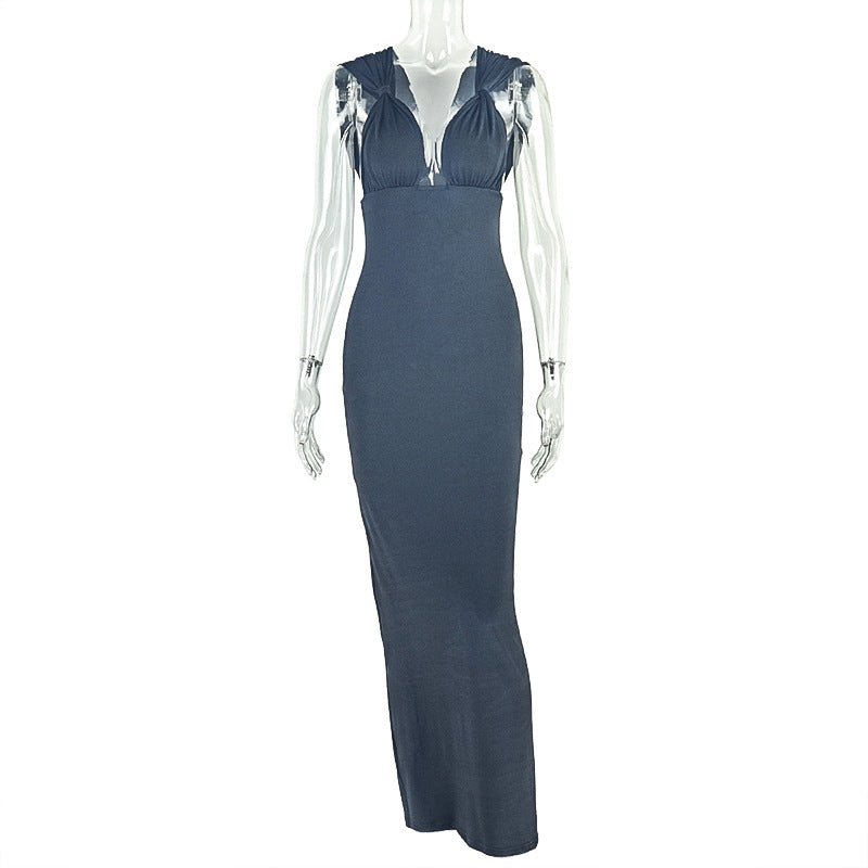 Solid Color Casual Women Pleated Corset Hip Dress Waist V neck Halter Maxi Dress Tide Bella Mia