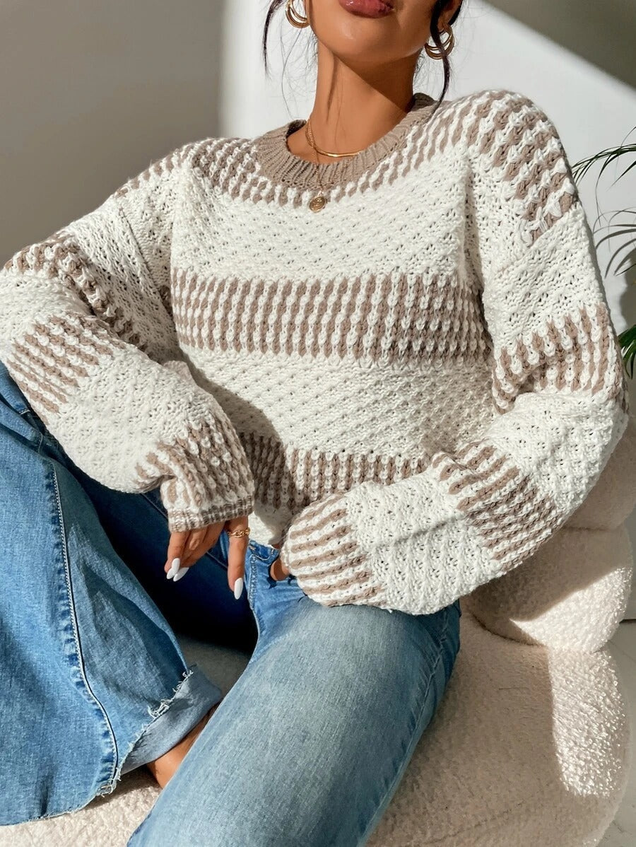 Women Clothing Autumn Winter Casual Loose Sweater Contrast Color Striped Stitching Sweater Bella Mia