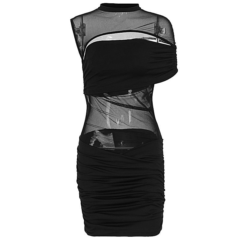 Women Stitching Sexy See through Shoulder Sleeveless Pleated Hip Dress Bella Mia