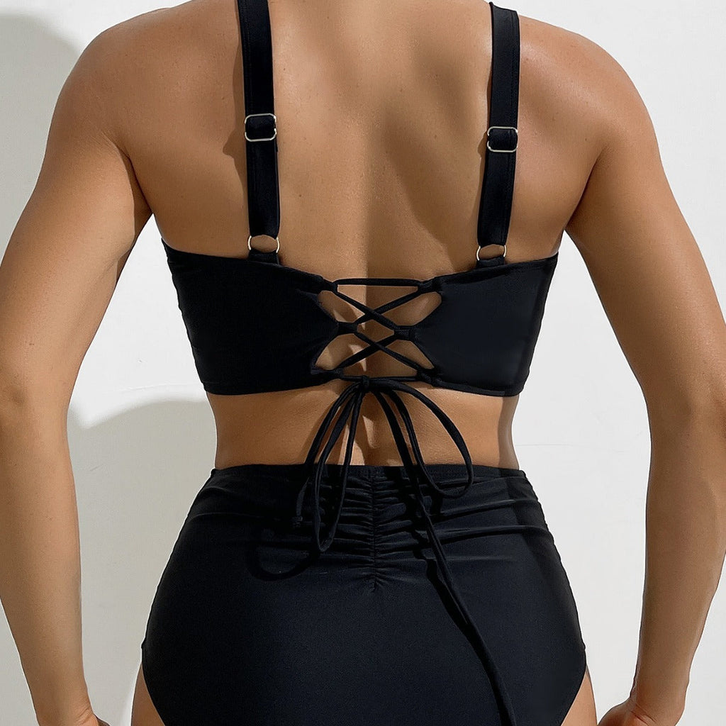 Bikini Solid Color Wrinkle High Waist Sexy Bikini Split Swimsuit Swimwear Bella Mia
