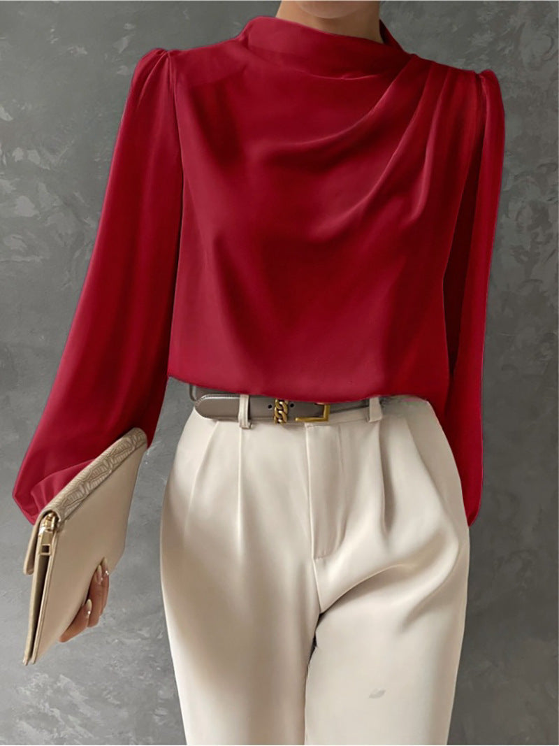 Solid Color Pleated Women Shirt Elegant Pullover Satin Top Office Long Sleeve Top Bella Mia