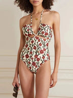 Two Piece Swimsuit Conservative Hollow Out Cutout out Tied Halter Sheath Gauze Skirt Swimsuit for Women Bella Mia