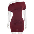Women Clothing Spring Summer Elegant Lady Casual Strapless Sloping Shoulder Draped Mini Dress
