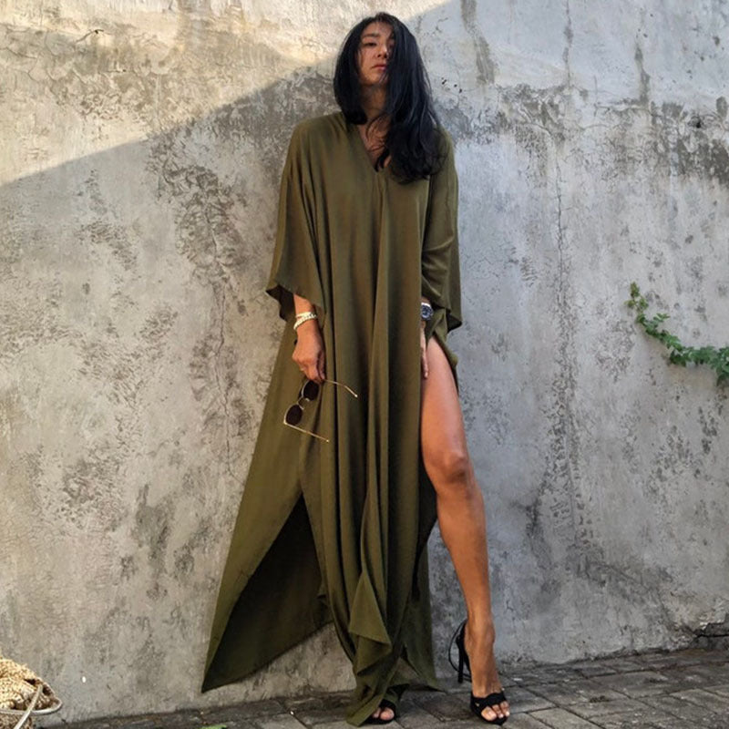 Rayon Solid Color Blouse Seaside Vacation Dress Loose Overclothes Bikini Swimsuit Robe Outer Wear Women Bella Mia