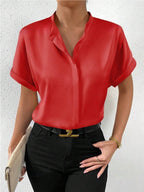 Women Solid Color Satin Short Sleeve Shoulder Stand Collar Short Sleeve Satin Shirt Bella Mia