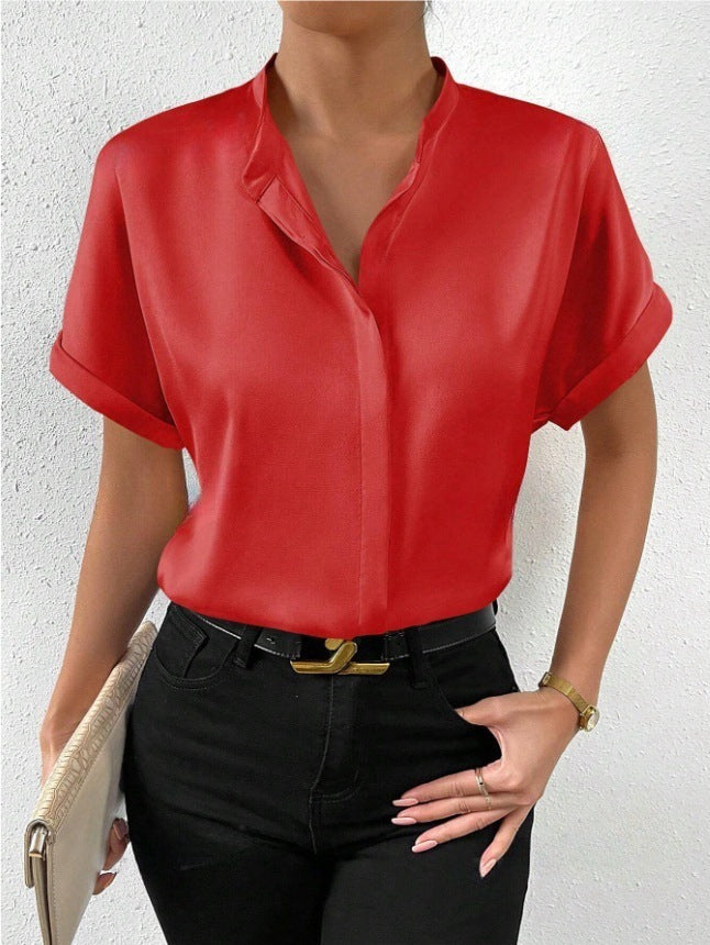 Women Solid Color Satin Short Sleeve Shoulder Stand Collar Short Sleeve Satin Shirt Bella Mia