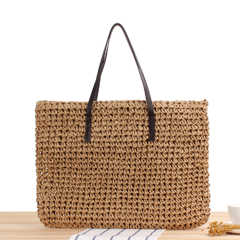 Large Capacity Casual Straw Bag Korean Shoulder Bag Solid Color Handmade Woven Bag Mori Photo Bella Mia