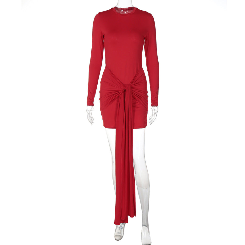 Women Clothing Autumn Long Sleeve round Neck Ribbon Slim Sheath Dress Bella Mia