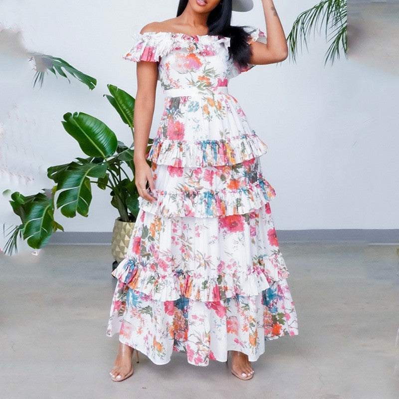 Women Summer round Neck Long Sleeve Printed Ruffled Maxi Dress Vacation Dress for Women