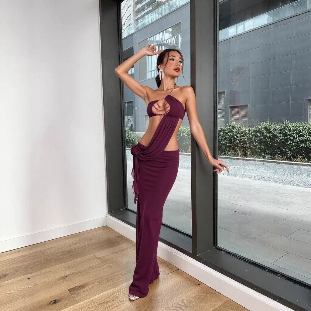 Cropped Outfit Sexy Bandeau Bead Necklace Floral Oblique Shoulder Strap Dress