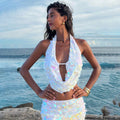 Women Solid Color Sexy Sequined Beach Bikini Swimsuit Blouse Sun Proof Skirt Set Bella Mia