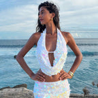 Women Solid Color Sexy Sequined Beach Bikini Swimsuit Blouse Sun Proof Skirt Set Bella Mia