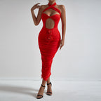 Fashionable Floral Cross Halter Hollow Out Cutout Sexy Chest lattering Dress Elegant Holiday Pleated Hip Dress for Women Bella Mia