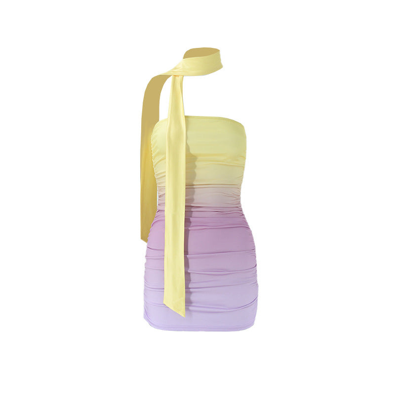 Women Clothing Nightclub Sexy Celebrity Gradient Color Tie Bandeau Slim Fit Short Dress