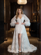 Luxury White Feather Trim Lace Long Robe Dress Set | Bridal Getting Ready & Photoshoot Gown SelenaHuanStudio