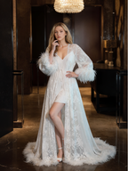 Luxury White Feather Trim Lace Long Robe Dress Set | Bridal Getting Ready & Photoshoot Gown SelenaHuanStudio