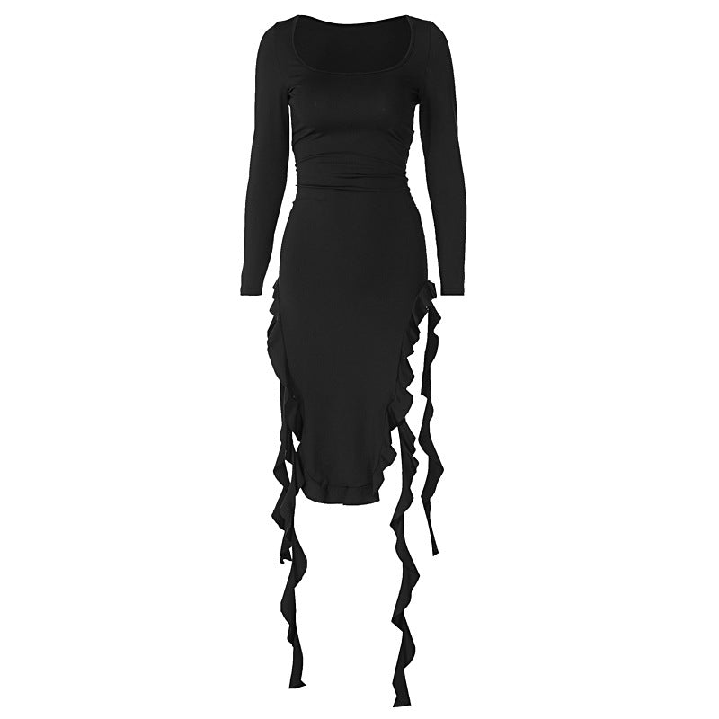 Women Clothing Spring Solid Color U Neck Long Sleeved Slim Fit Stringy Selvedge Dress Bella Mia