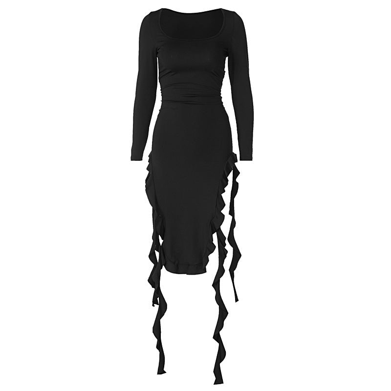 Women Clothing Spring Solid Color U Neck Long Sleeved Slim Fit Stringy Selvedge Dress Bella Mia