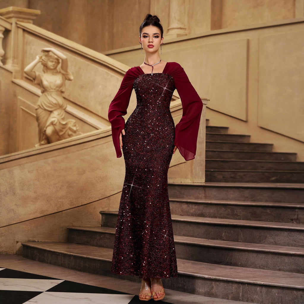 Women Clothing Advanced Long Sleeved V neck Slim Fit Cocktail Sequined Mid Length Evening Dress Women Bella Mia