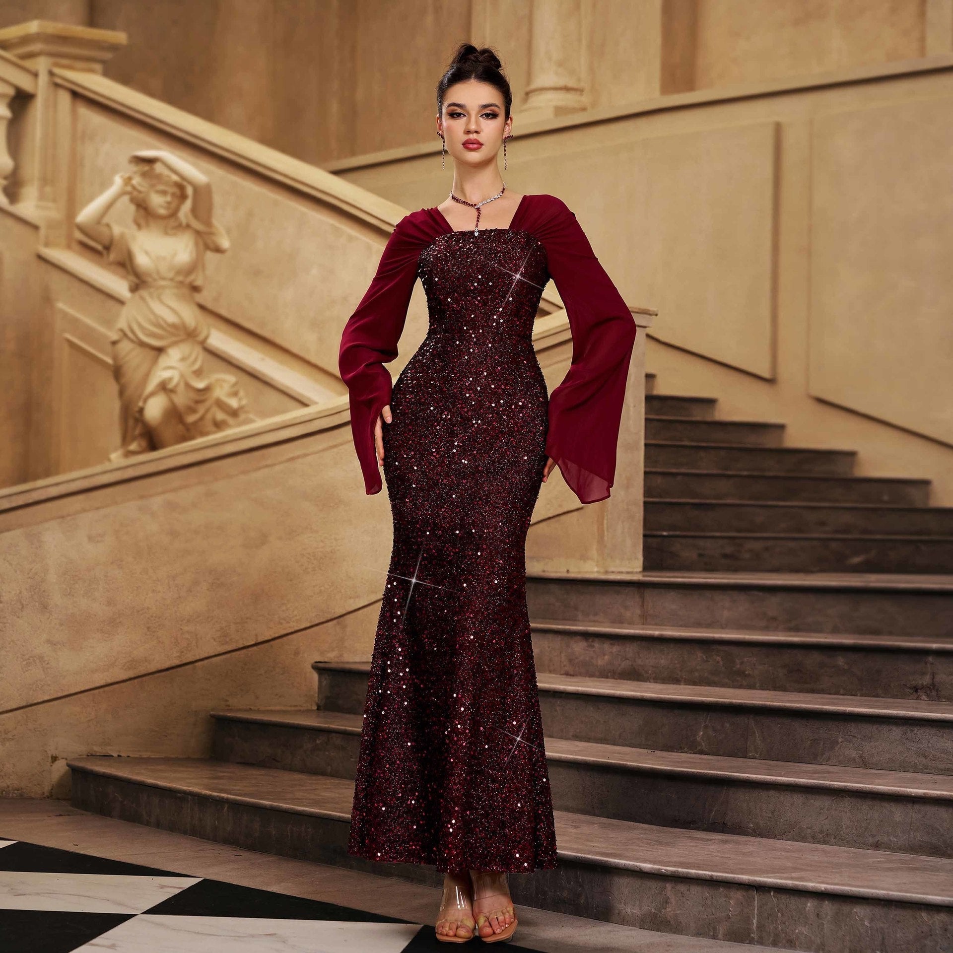 Women Clothing Advanced Long Sleeved V neck Slim Fit Cocktail Sequined Mid Length Evening Dress Women Bella Mia