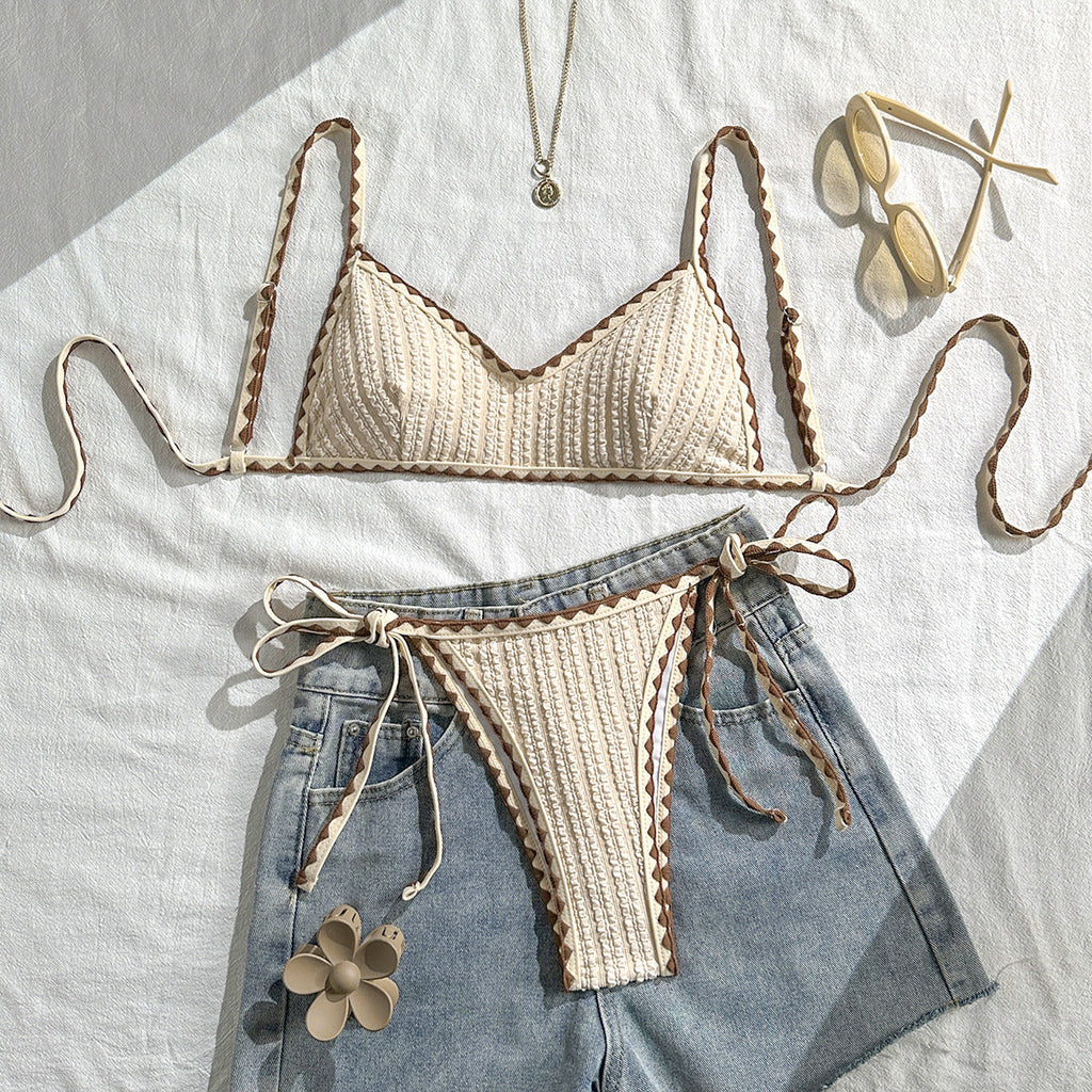 Texture Bikini Women Contrast Color Lace up Split Swimwear Swimsuit Bikini Bella Mia