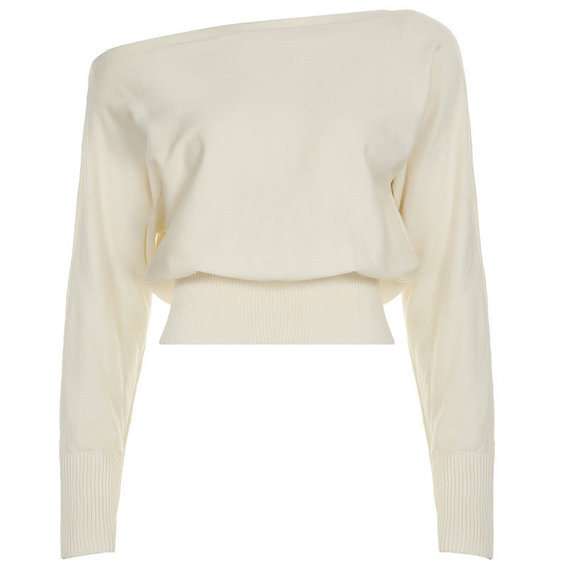Gentle Diagonal Collar Loose Drawstring Slim Fit Solid Color Sweater Sexy Strapless All Matching Short Top Bella Mia