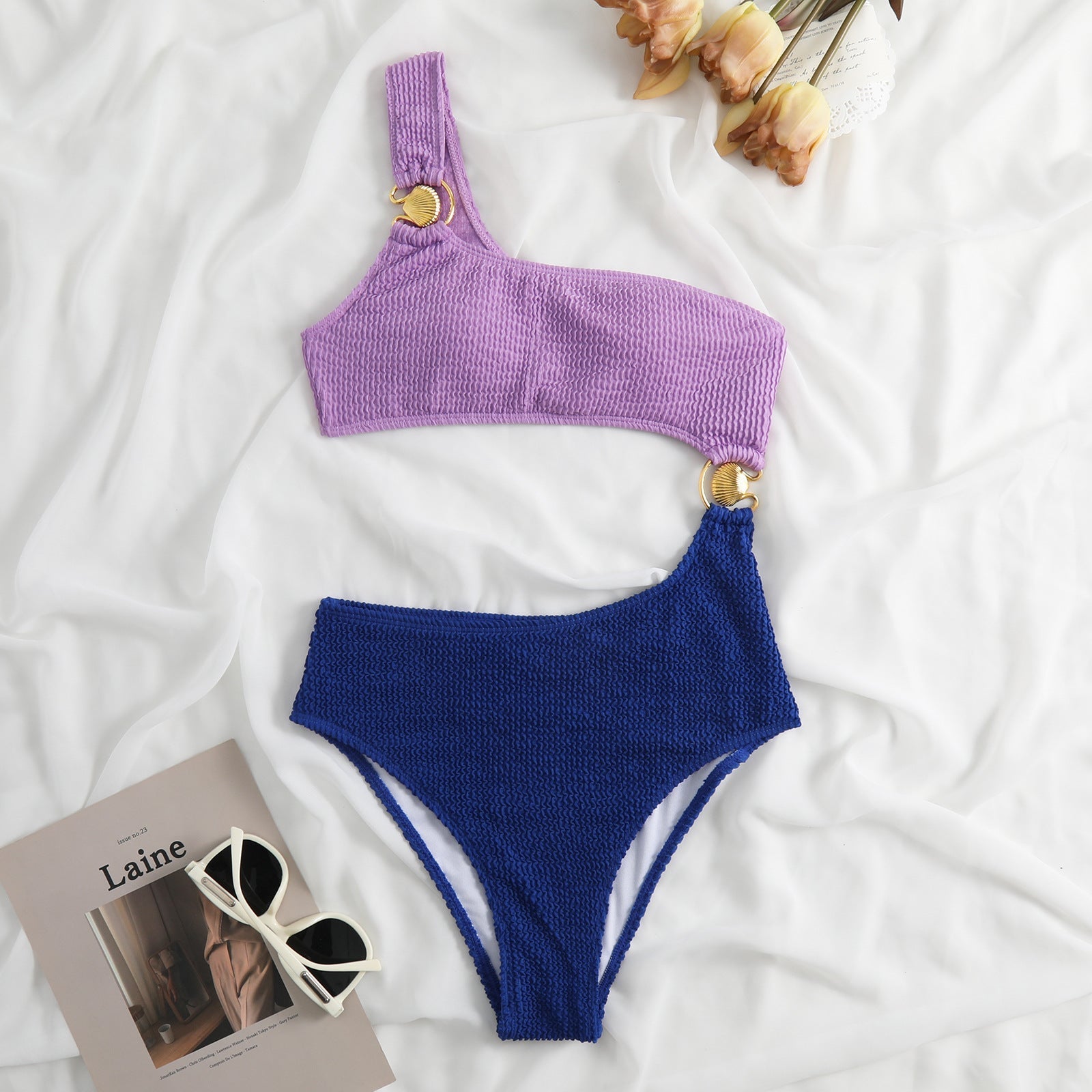 Contrast Color Bikini Swimsuit Women Wave Pattern Split Ring Swimsuit Bella Mia