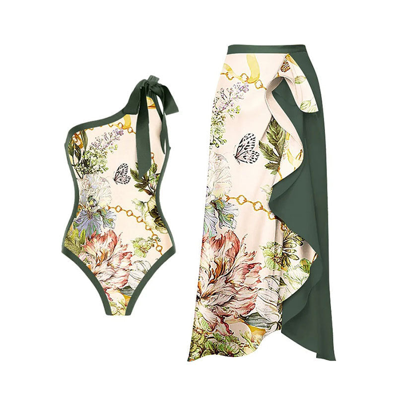 Sexy Swimsuit Retro One Shoulder Swimsuit Bikini Chiffon Beach Skirt Set Bella Mia