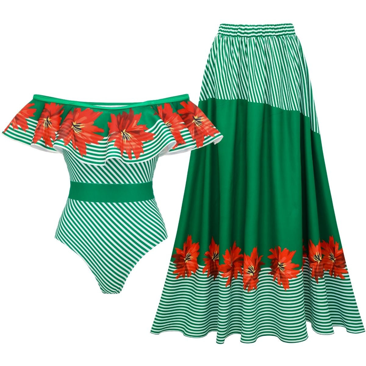 Swimsuit Green Striped Floral Stitching Swimsuit Women Tube Top Swimsuit Bella Mia