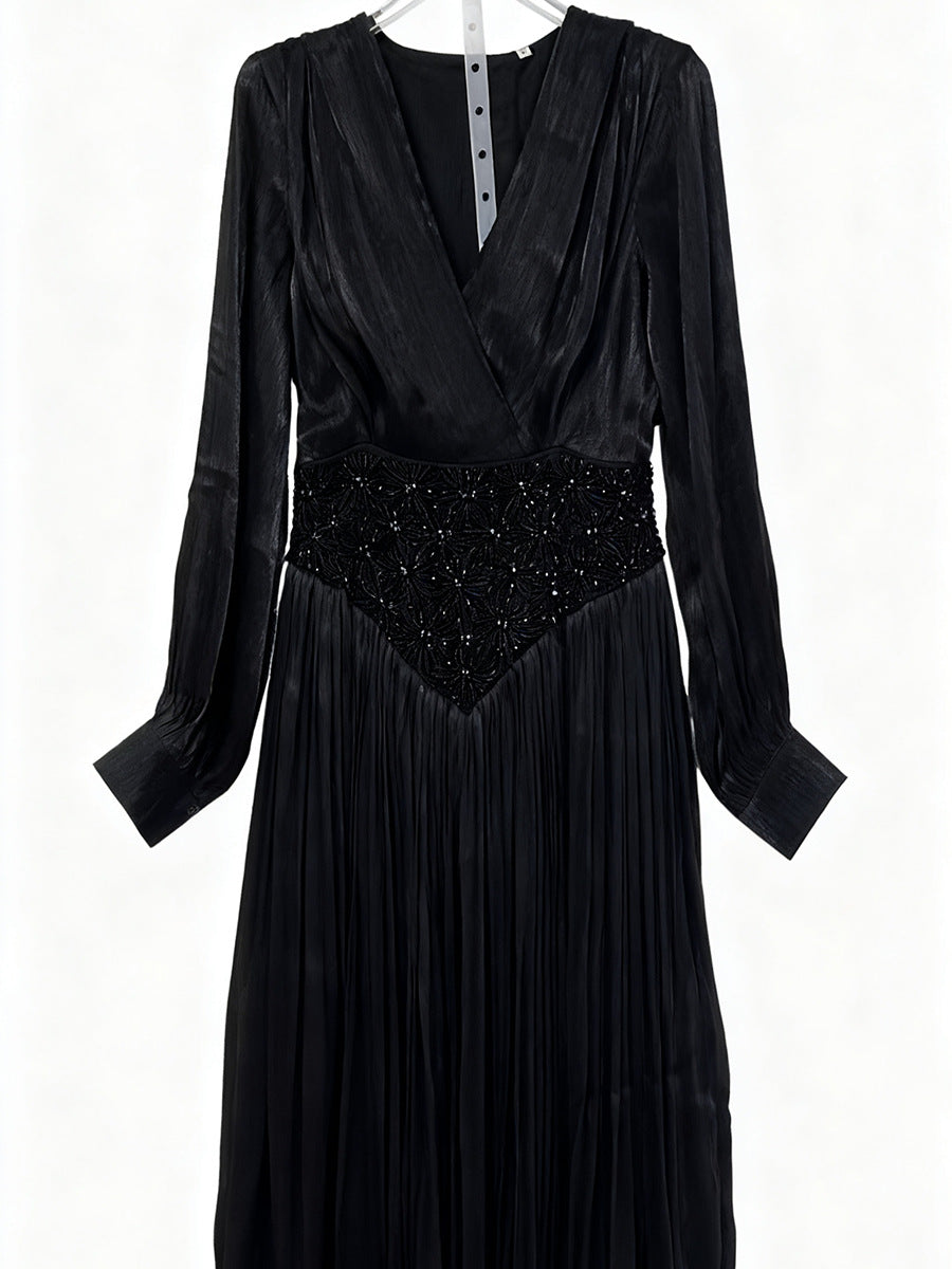 Elegant Long Sleeve Solid Color Diamond Dress Autumn High Grade Waist Slimming Dress Women Bella Mia
