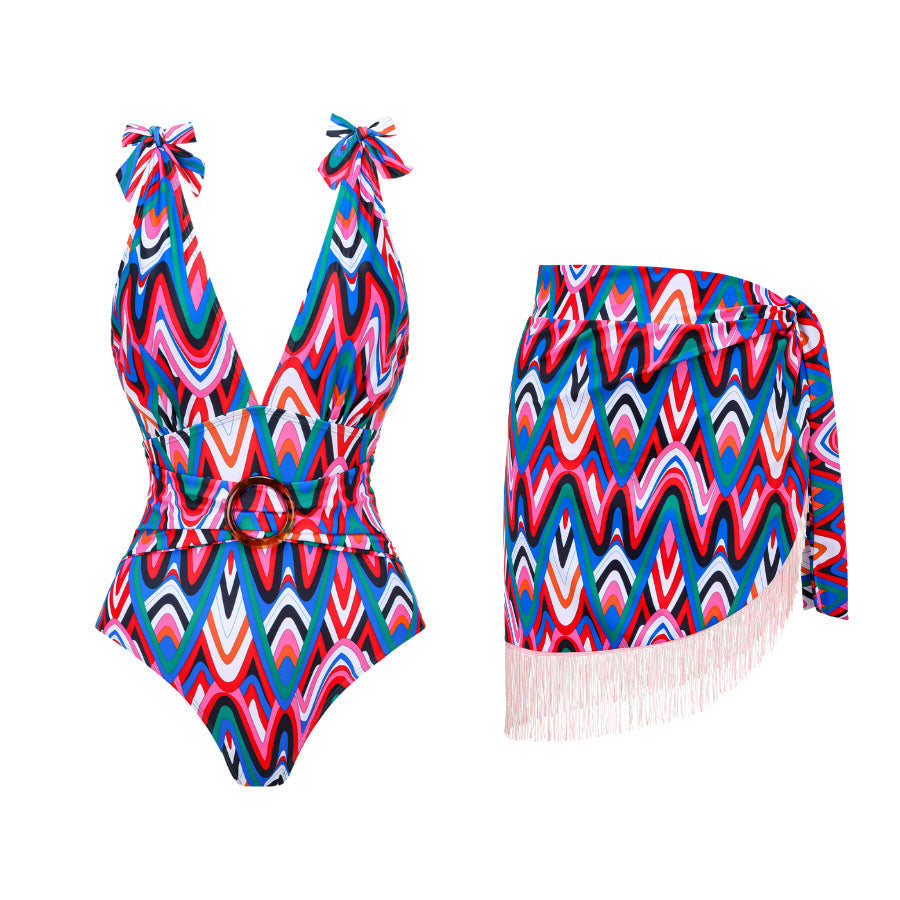 Spring Sexy Swimsuit Women Conservative Printed Swimsuit Wrap Skirt Set Bella Mia