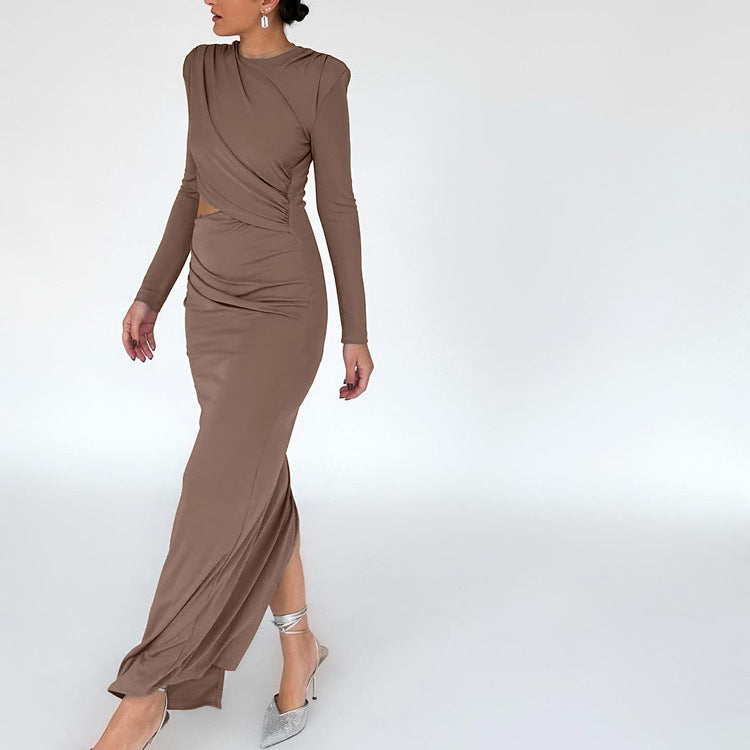 Spring Hip Slim Pleated Dress Solid Color round Neck Long Sleeve Split Hollow Out Cutout Dress Women Bella Mia