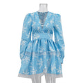 Women Clothing Pleated V neck Printed Dress Long Sleeve Tight Waist Graceful Fashionable A line Dress Bella Mia