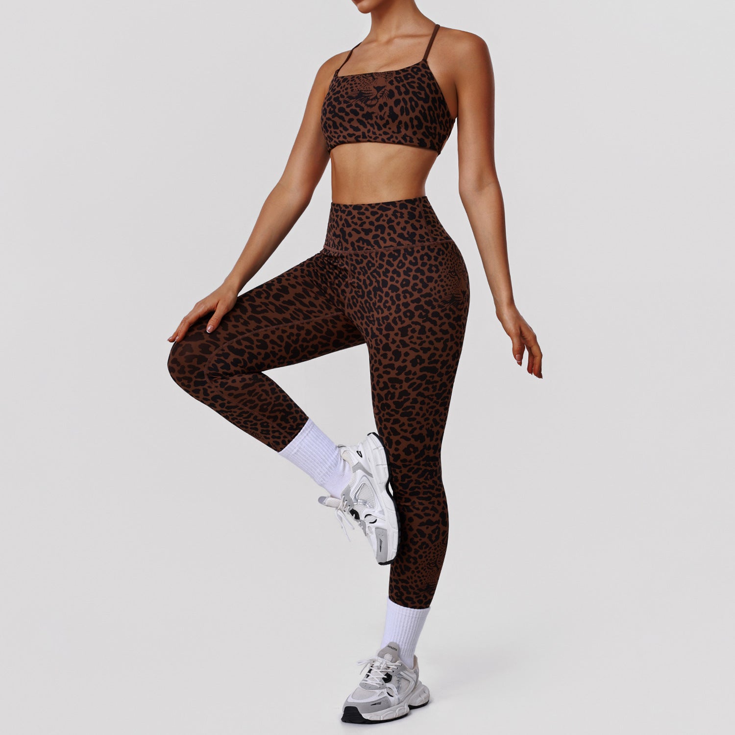 Leopard Print Tight Yoga Women High Waist Hip Raise Pants Thin Strap Beauty Back Exercise Bra Fitness Two Piece Sets Bella Mia