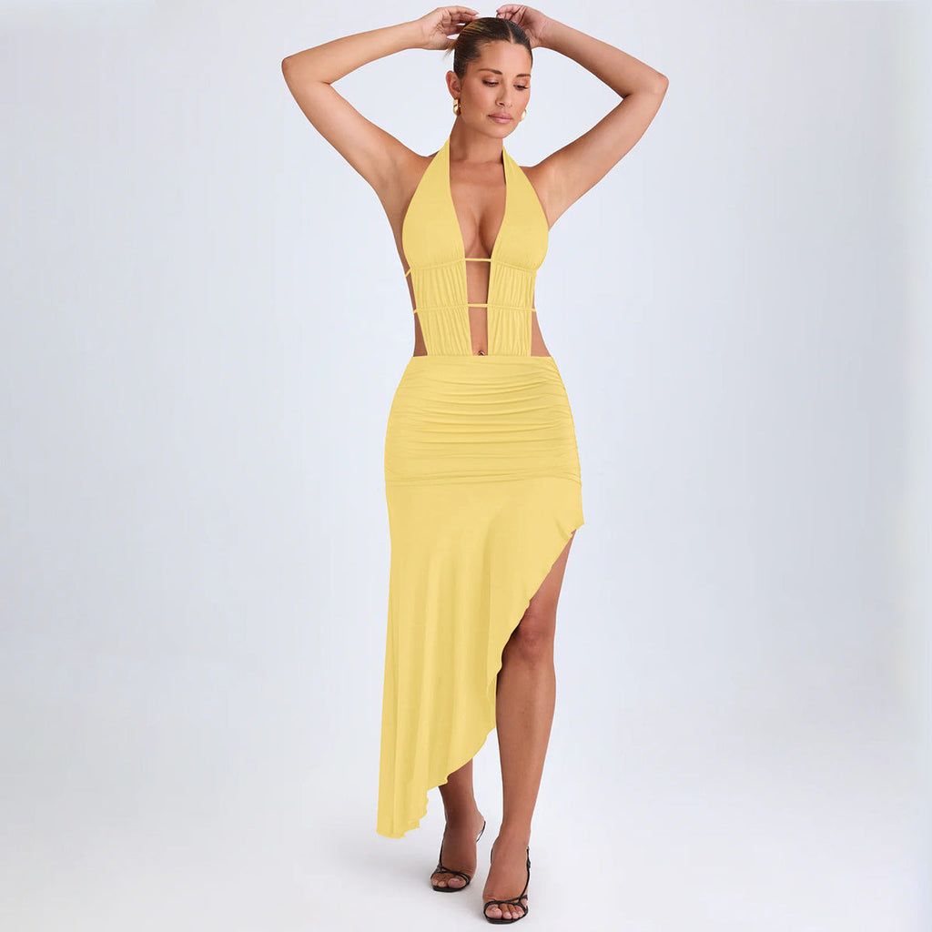 Irregular Asymmetric Women Pleated Tied Dress Autumn Winter Sexy Backless Hollow Out Cutout Hip Dress Bella Mia