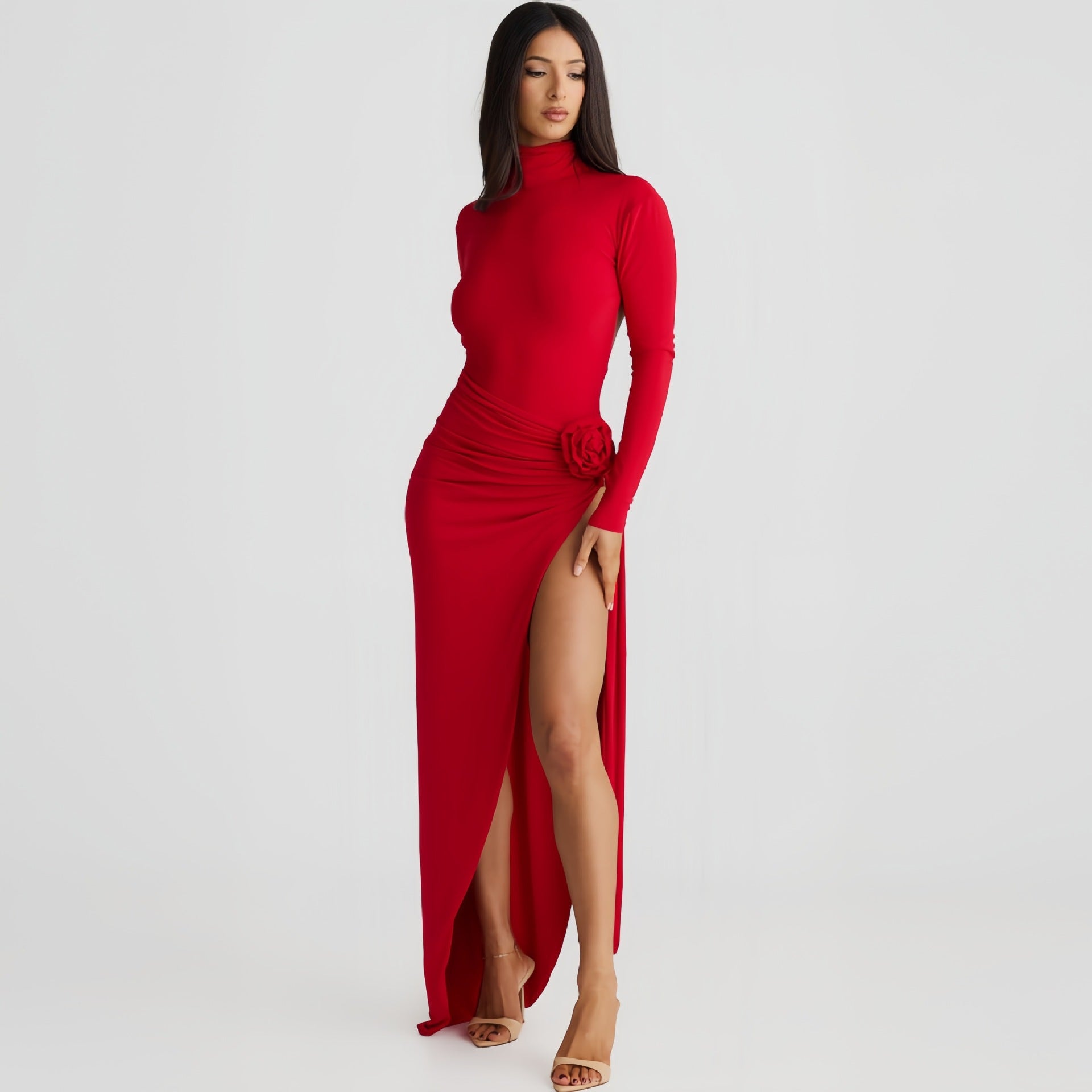 Autumn Women High Collar Backless Long Sleeves Jumpsuit Sexy Slit Dress Bella Mia