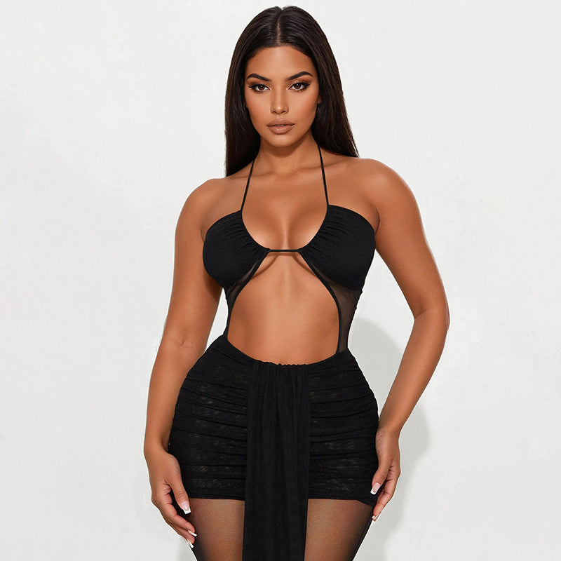 Women Clothing Spring Summer Halter Cropped Outfit Mesh Drawstring Sheer Cutout Ribbon Jumpsuit Bella Mia