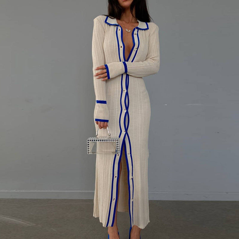 Slim Collared Patchwork Women Long Sleeved Cardigan Dress Bella Mia